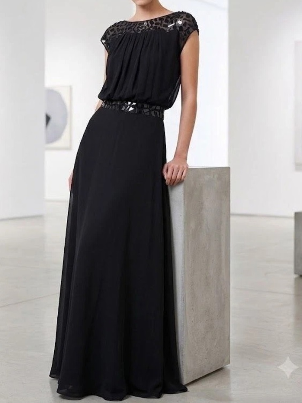 Aidan Mattox Black Maxi Dress with Beaded Yoke